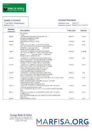 Downloadable Burkina Faso Bank of Africa bank statement word template